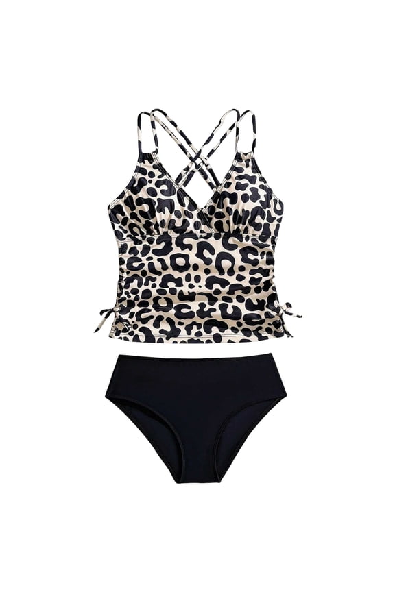 Girl's Two Piece Cheetah Tankini Swimsuits Ruched Drawstring Bathing Suit (Beige, 11-12 Years)
