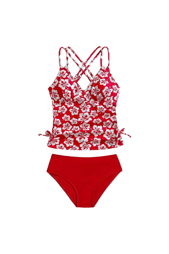 Girl's Two Piece Cheetah Tankini Swimsuits Ruched Drawstring Bathing Suit (Red, 12-13 Years)