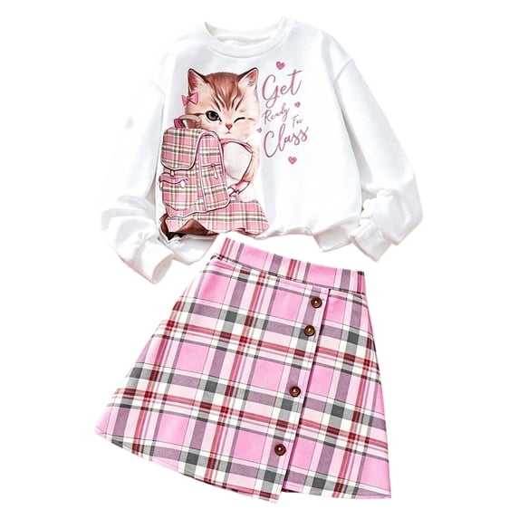 Ulanda Girls 2 Piece Casual Outfits Pullover Sweatshirt Retro Plaid Skirt Set (Pink, 5-6 Years)