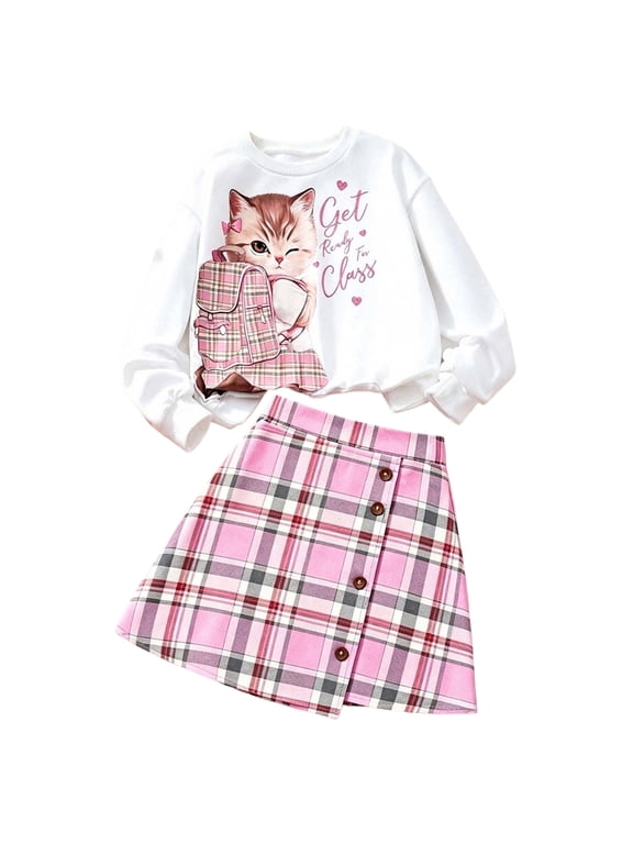 Girls 2 Piece Casual Outfits Pullover Sweatshirt Retro Plaid Skirt Set (Pink, 9-10 Years)