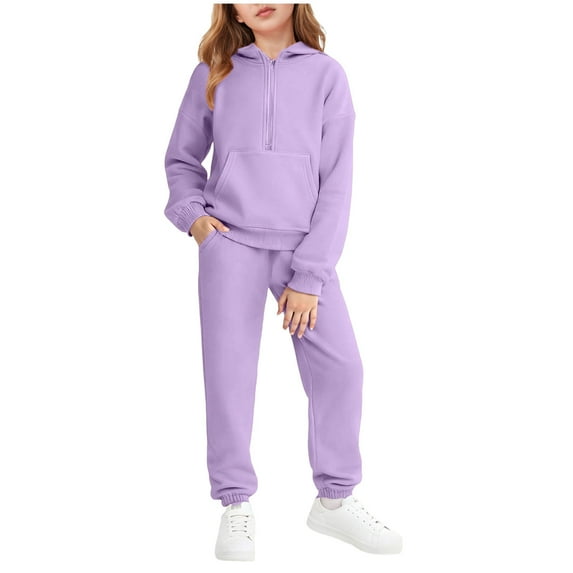 Ulanda Girls 2 Piece Outfits Tracksuit Drop Shoulder Hoodie Half Zip Sweatshirt and Sweatpants Joggers Set with Pockets (Purple, 7-8 Years)