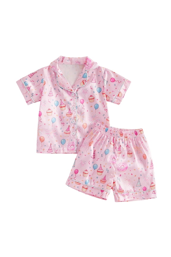 Girls 2Pcs Birthday Pajamas Short Sleeve Ruffle Hem Button Shirt + Shorts Set Toddler Loungewear (Red, 5-6 Years)