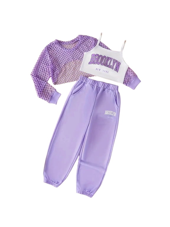 Girls 3 Piece Purple Casual Set, Long Sleeved Openwork Top, Cami Tops and Sports Pants Fashion Outfits 8-12T (Purple, 13-14 Years)