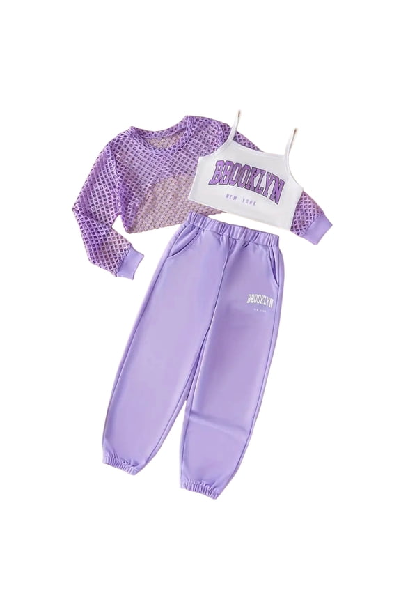 Girls 3 Piece Purple Casual Set, Long Sleeved Openwork Top, Cami Tops and Sports Pants Fashion Outfits 8-12T (Purple, 7-8 Years)