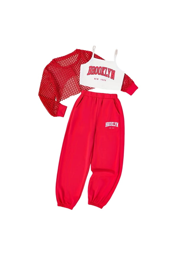 Girls 3 Piece Purple Casual Set, Long Sleeved Openwork Top, Cami Tops and Sports Pants Fashion Outfits 8-12T (Red, 9-10 Years)