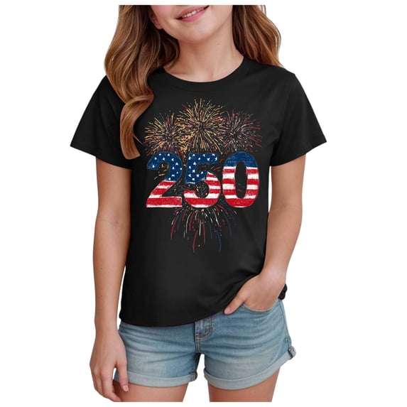 Ulanda Girls American Flag Shirts Bow Tshirt 4th of July Shirt Short Sleeve Crewneck Tees 250 Anniversary Independence Patriotic Top (Black, 3-4 Years)