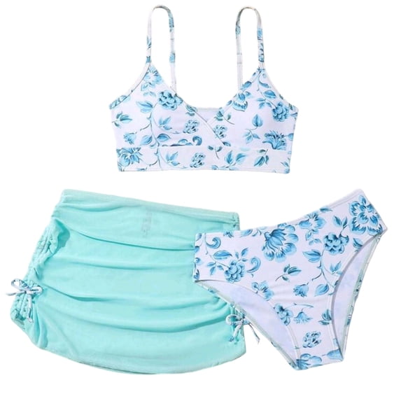 Ulanda Girls Bikini Sets Three Piece Floral Camisole Tops Ruched Skirts with Panty Bathing Suit Summer Girl's Swimwear (Green, 11-12 Years)