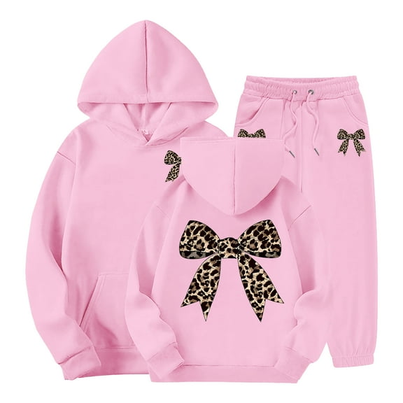 Ulanda Girls Bowknot Tracksuits 2 Piece Cute Cpmfy Sweatsuit Hoodie and Jogger Sweatpants Athletic Casual Fall Winter Outfits (Pink, 10-11 Years)