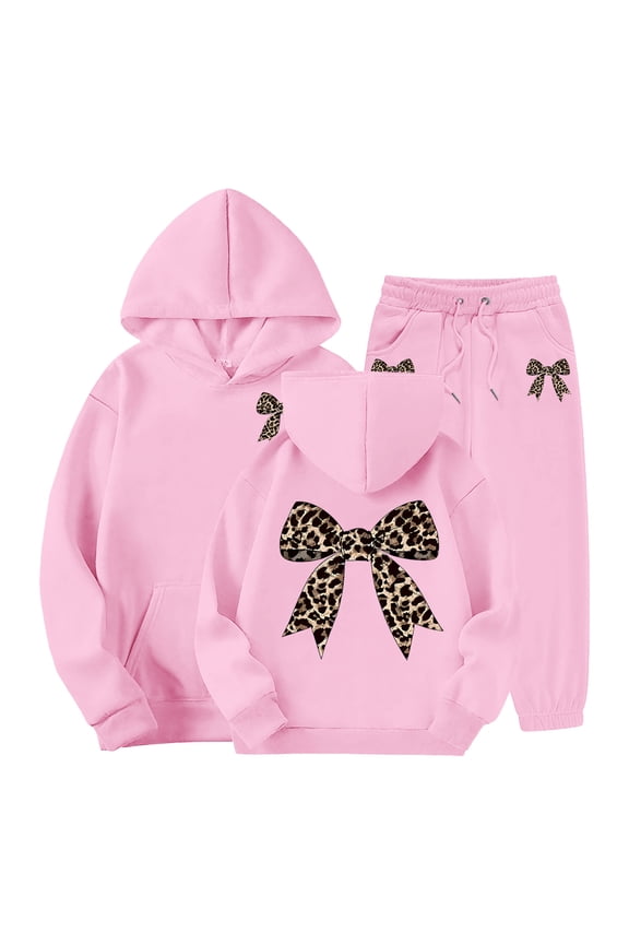 Girls Bowknot Tracksuits 2 Piece Cute Cpmfy Sweatsuit Hoodie and Jogger Sweatpants Athletic Casual Fall Winter Outfits (Pink, 13-14 Years)