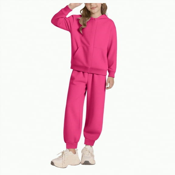 Ulanda Girls Boys 2 Piece Tracksuit Athletic Sweatsuits Sets Full Zip Hooded Sweatshirt and Jogger Sweatpants Clothing Sets for Kid (Hot Pink, 5-6 Years)