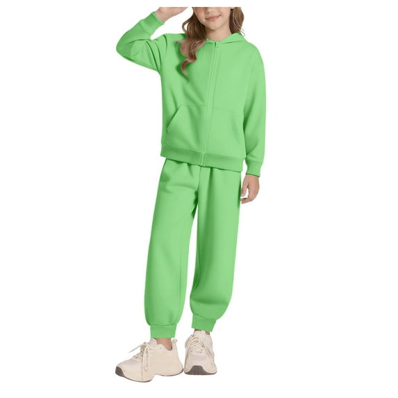 Ulanda Girls Boys 2 Piece Tracksuit Athletic Sweatsuits Sets Full Zip Hooded Sweatshirt and Jogger Sweatpants Clothing Sets for Kid (Light Green, 5-6 Years)