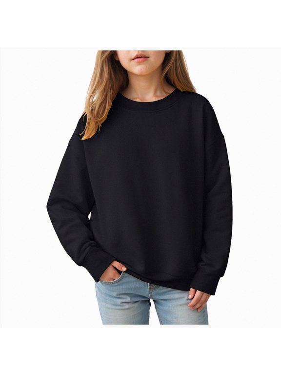 Girls Crewneck Sweatshirt Long Sleeve Pullover Tops Drop Shoulder Side Split Sweatshirts (Black, 18-24 Months)