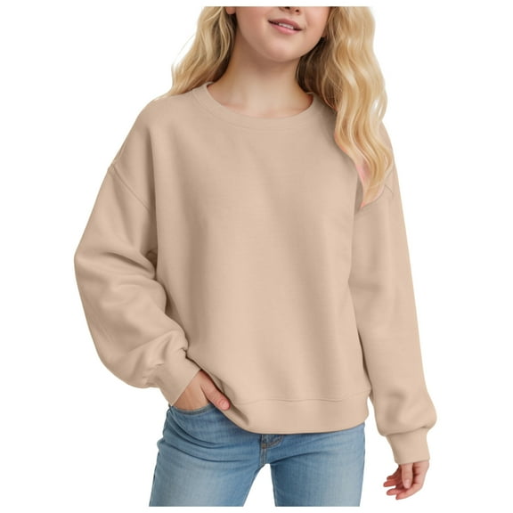 Ulanda Girls Crewneck Sweatshirt Long Sleeve Pullover Tops Drop Shoulder Sweatshirts Side Split for 5-14 Years (Khaki, 3-4 Years)