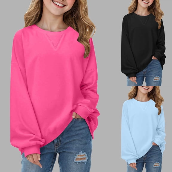 Ulanda Girls Crewneck Sweatshirt Long Sleeve Pullover Tops Drop Shoulder Sweatshirts Side Split for 5-14 Years (Light Blue, 9-10 Years)