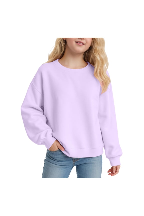 Girls Crewneck Sweatshirt Long Sleeve Pullover Tops Drop Shoulder Sweatshirts Side Split for 5-14 Years (Purple, 7-8 Years)