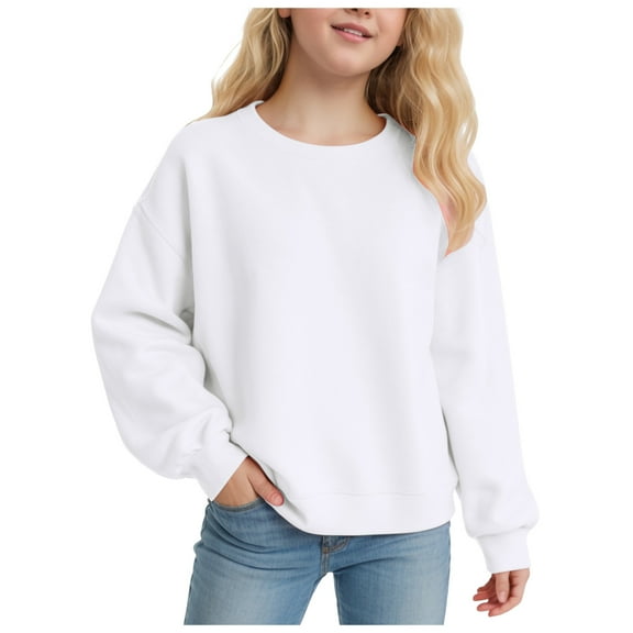 Ulanda Girls Crewneck Sweatshirt Long Sleeve Pullover Tops Drop Shoulder Sweatshirts Side Split for 5-14 Years (White, 7-8 Years)