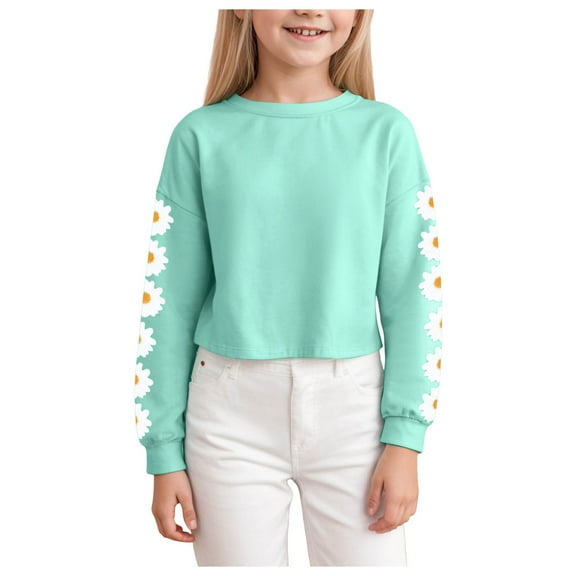 Ulanda Girls Cute Daisy Printed Long Long Sleeve T Shirt Loose Crewneck Pullover Casual Sweatshirt Tops Trendy Kids Blouse (Mint Green, 8-9 Years)
