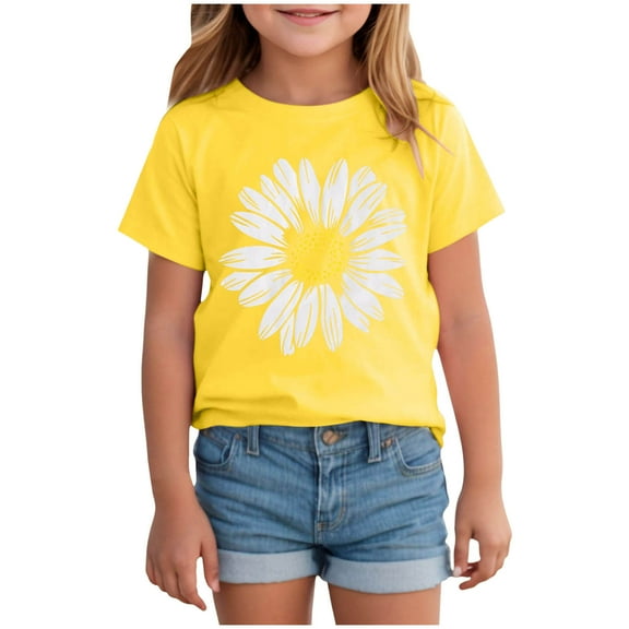 Ulanda Girls Flower Graphic Tees Short Sleeve Cute Aesthetic T-Shirt for Kids Preppy Trendy Soft Tween Crewneck Blouse (Yellow, 18-24 Months)