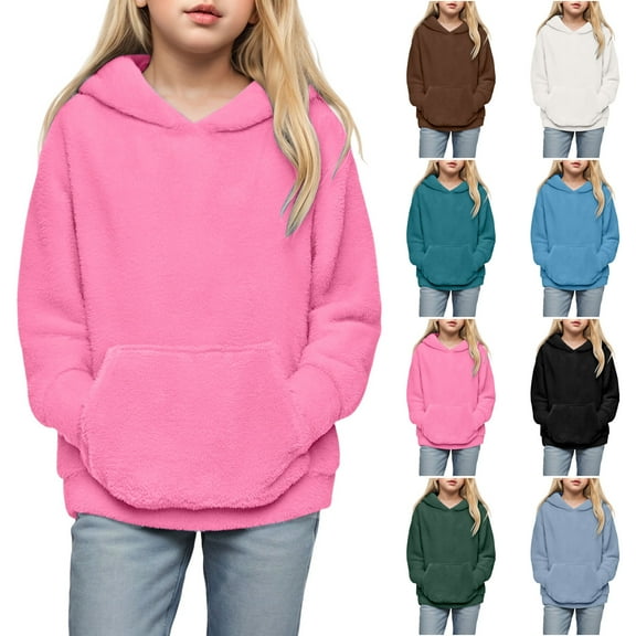 Ulanda Girls Fuzzy Fleece Pullover Hoodies Sweatshirt Casual Sherpa Winter Tops Warm Outwear Coat with Pockets 4-14 Years (Blue, 9-10 Years)
