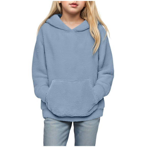 Ulanda Girls Fuzzy Fleece Pullover Hoodies Sweatshirt Casual Sherpa Winter Tops Warm Outwear Coat with Pockets 4-14 Years (Light Blue, 5-6 Years)