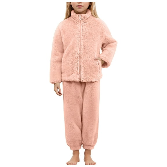 Ulanda Girls Fuzzy Pants Sets Kid 2 Piece Winter Fleece Outfits Stand Collar Zip Up Sweatshirts Fluffy Sweatpants with Pockets (Pink, 9-10 Years)