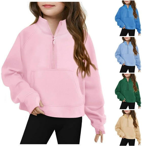 Ulanda Girls Half Zip Sweatshirt Long Sleeve Pullover Crop Tops Kids Lightweight Fleece Fashion Winter Clothes (Blue, 6-7 Years)
