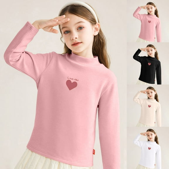 Ulanda Girls Heart Embroidered Long Sleeve Mock Neck Pullover Tops Kids Fall Winter Basic Tops Active Layer Shirts (Black, 7-8 Years)