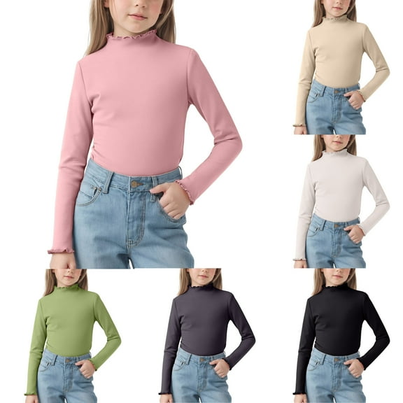 Ulanda Girls Lettuce Edge Trim Mock Neck Long Sleeve Slim Fit T-Shirt Tops Lightweight Knit Tee (Grey, 7-8 Years)