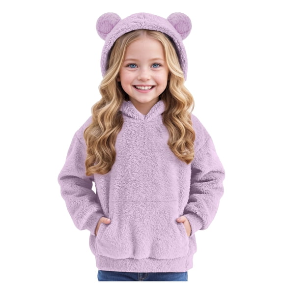 Ulanda Girls Long Sleeve Casual Cute Teddy Bear Hooded Sweatshirt Plush Pullover Tops (Purple, 12-13 Years)