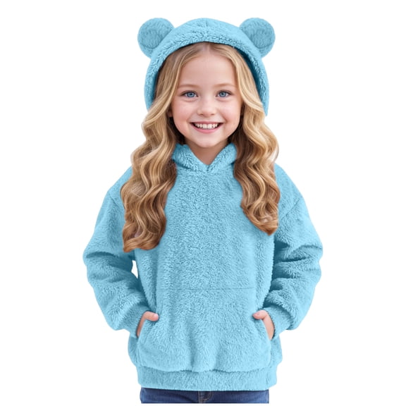 Ulanda Girls Long Sleeve Casual Cute Teddy Bear Hooded Sweatshirt Plush Pullover Tops (Sky Blue, 10-11 Years)