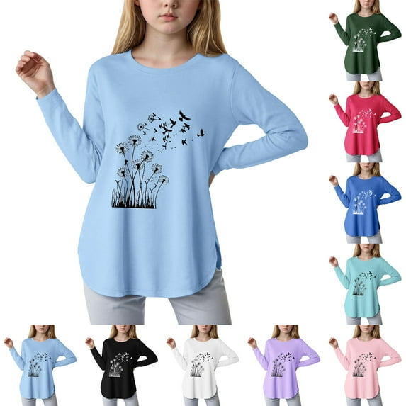 Ulanda Girls Long Sleeve Dandelion Prints T-Shirt Vintage Tees Graphic Tops for Kids Girls Crewneck Tees Cute T-Shirt (White, 5-6 Years)