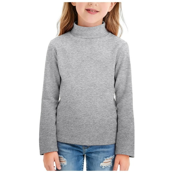 Ulanda Girls Long Sleeve Neck Pullover Tops Kids Fall Winter Basic Tops Active Layer Shirts 5-14 Years (Light Gray, 11-12 Years)
