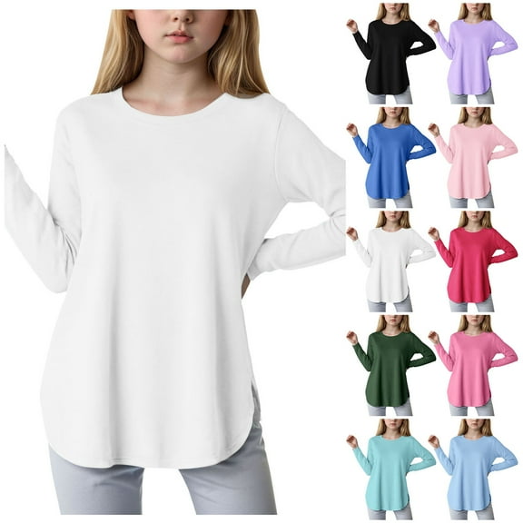 Ulanda Girls Long Sleeve Shirts Casual Crew Neck Tops Basic Tunic Blouses 5-14 Years (Black, 5-6 Years)
