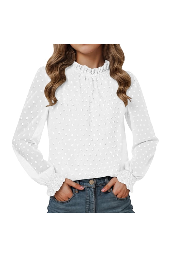 Girls Long Sleeve Shirts Chiffon Blouses Swiss Dot Frill Neck Casual Loose Cute Top Tee (White, 12-13 Years)
