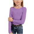 thumbnail image 1 of Ulanda Girls Long Sleeve Shirts Crewneck Ruched Side Slim Fit Tops Ribbed Knit Casual Tee Shirt 4-15 Years (Purple, 5-6 Years), 1 of 6