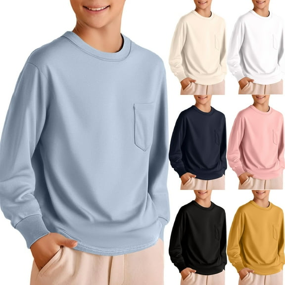 Ulanda Girls Long Sleeve Shirts Kids Crewneck Soft Tunic Tops Basic Casual T-Shirts 5-14 Years with Pocket (Light Blue, 4-5 Years)