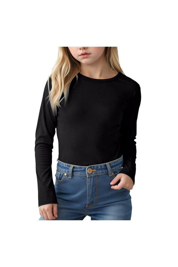 Girls Long Sleeve Shirts Thermal Crew Neck Tunic Basic Tops Blouse Tee (Black, 9-10 Years)