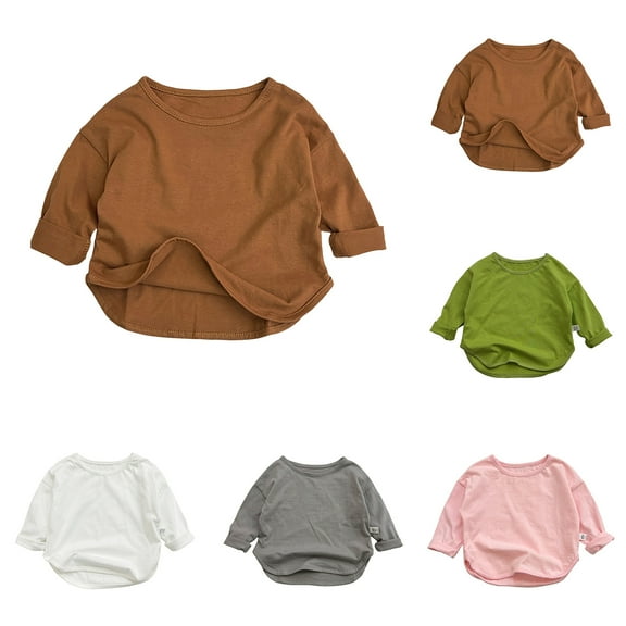 Ulanda Girls Long Sleeve Tops Fall Shirts Crewneck Tops Dressy Soft Solid Color Blouses Fall Clothes (Pink, 3-4 Years)