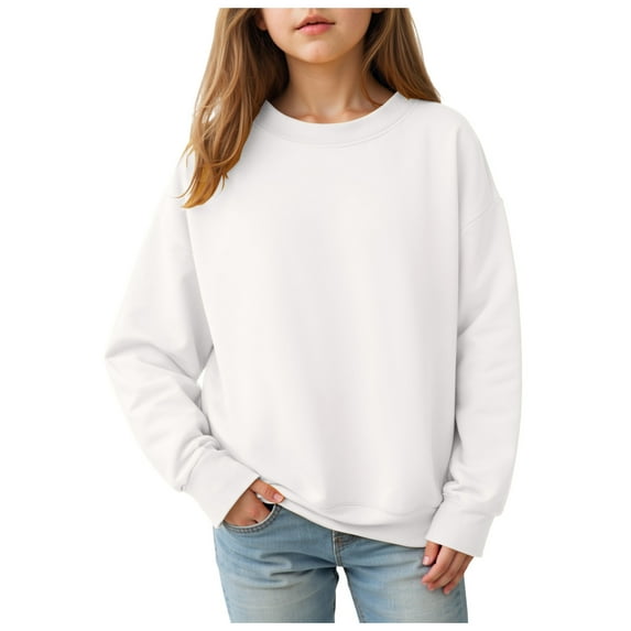 Ulanda Girls Oversized Crewneck Sweatshirts Kids Fashion Fleece Drop Shoulder Pullover 5-14 Years (White, 13-14 Years)