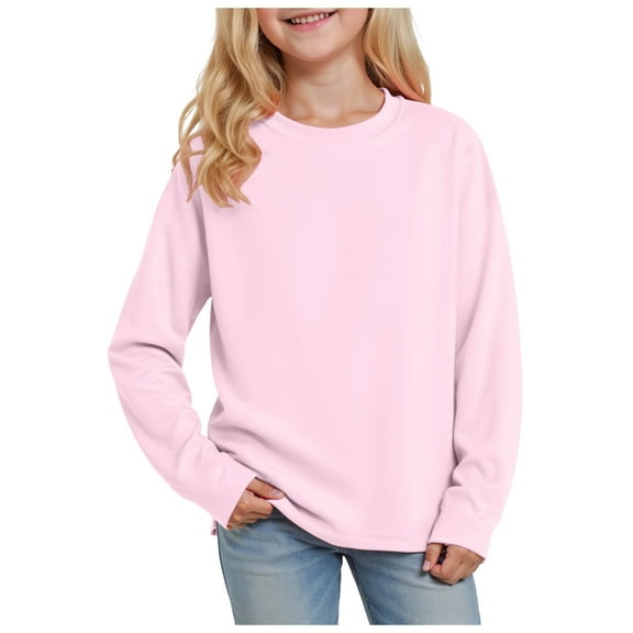 Ulanda Girls Oversized Long Sleeve Shirts Kids Fashion Crewneck Tunic Tops Curved Hem Tees 7-14 Years (Pink, 9-10 Years)