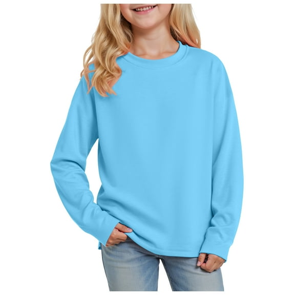 Ulanda Girls Oversized Long Sleeve Shirts Kids Fashion Crewneck Tunic Tops Curved Hem Tees 7-14 Years (Sky Blue, 1-2 Years)