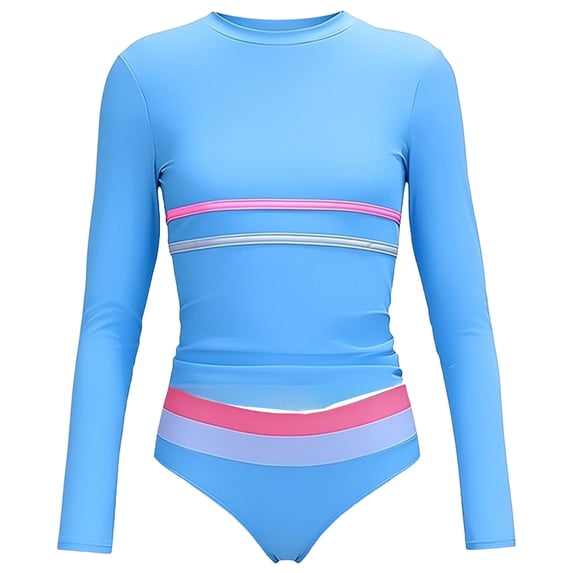 Ulanda Girls Rash Guard Swimsuit Long Sleeve Dual-Color Stripe Modest Top with Swim Bottoms Bathing Suits for Girls 7-16Y (Blue, 7-8 Years)