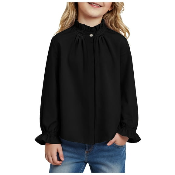 Ulanda Girls Ruffle Long Sleeve Blouse Kids Button Down Uniform Dress Shirts (Black, 7-8 Years)