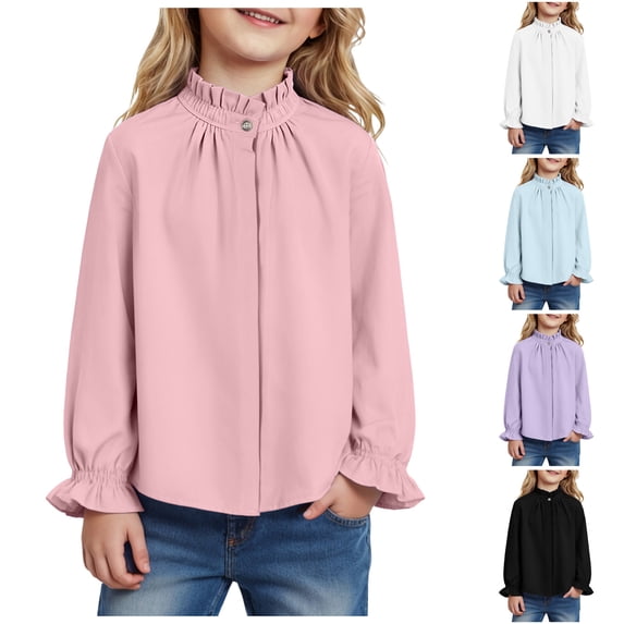 Ulanda Girls Ruffle Long Sleeve Blouse Kids Button Down Uniform Dress Shirts (Light Blue, 5-6 Years)