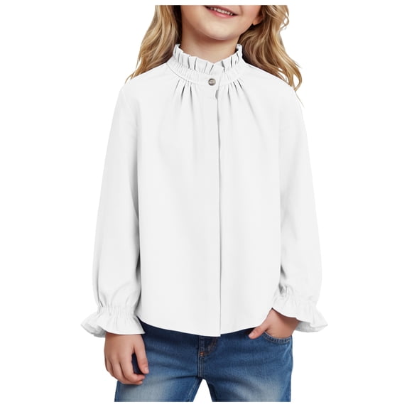 Ulanda Girls Ruffle Long Sleeve Blouse Kids Button Down Uniform Dress Shirts (White, 5-6 Years)