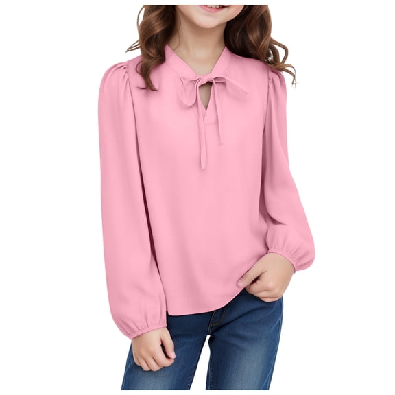 Ulanda Girls Shirts Puff Long Sleeve V-Neck Blouses Solid T-Shirt School 𝗨niform Tops Casual Cotton Tops (Pink, 9-10 Years)