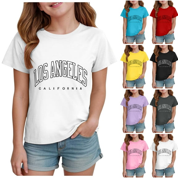 Ulanda Girls Short Sleeve T Shirts Kids Summer Tops Crewneck Basic Graphic Tees 5-14 Years (Yellow, 13-14 Years)