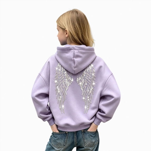 Ulanda Girls Sparkly Rhinestone Angel Wing Hoodies Long Sleeve Drawstring Hooded Sweatshirts Fashion Casual Pullovers With Pockets (Purple, 2-3 Years)