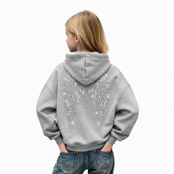 Ulanda Girls Sparkly Rhinestone Angel Wing Hoodies Long Sleeve Drawstring Hooded Sweatshirts Fashion Casual Pullovers With Pockets (Grey, 2-3 Years)