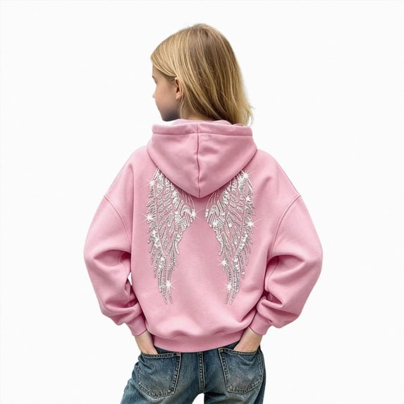 Ulanda Girls Sparkly Rhinestone Angel Wing Hoodies Long Sleeve Drawstring Hooded Sweatshirts Fashion Casual Pullovers With Pockets (Pink, 6-7 Years)